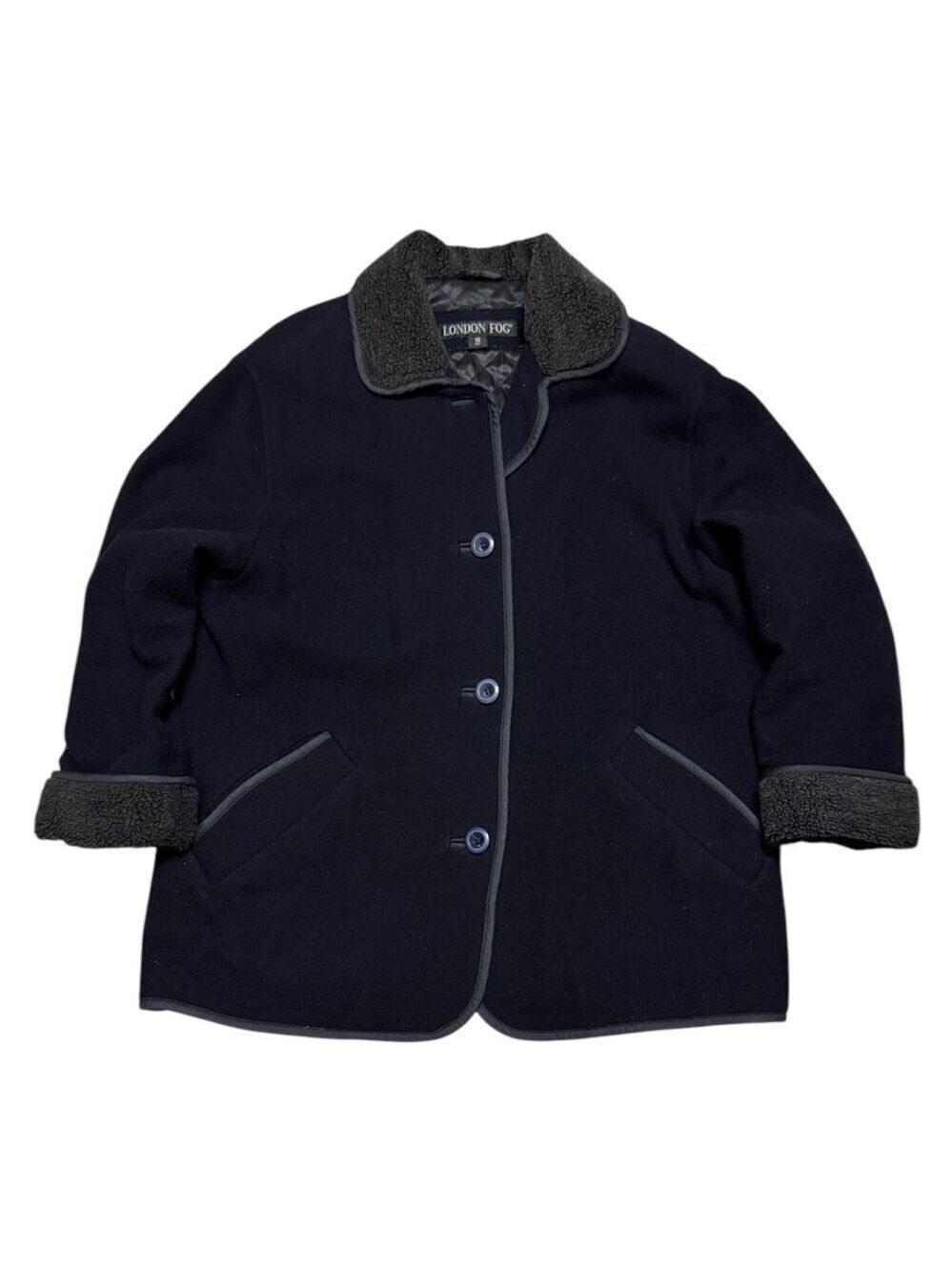 LONDON FOG Designer WOOL Sherpa Fleece  Blue Winter Parka Coat Womens 10 Petite